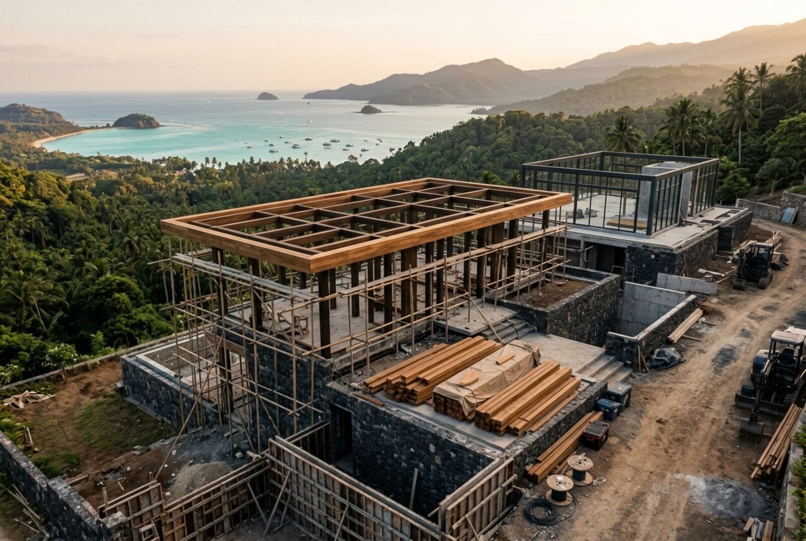 A villa under construction on a Lombok hillside, stone walls rising