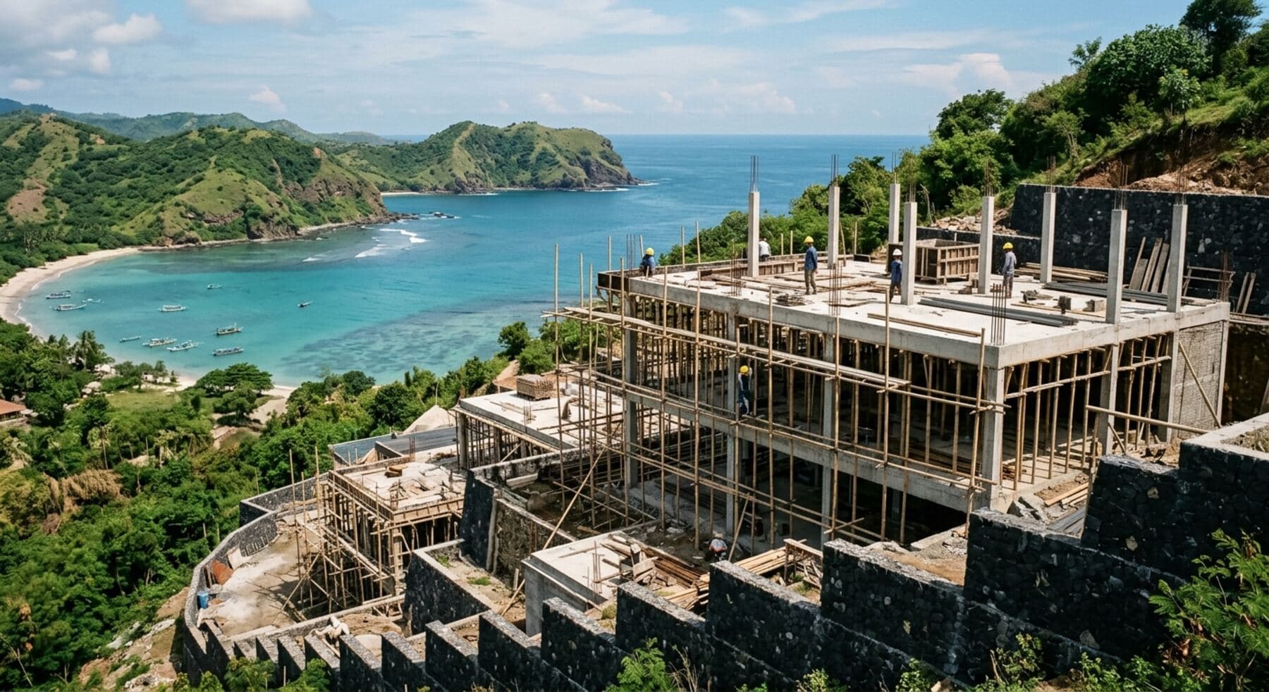 Concrete frame and lava-stone walls of a villa under construction above a bay