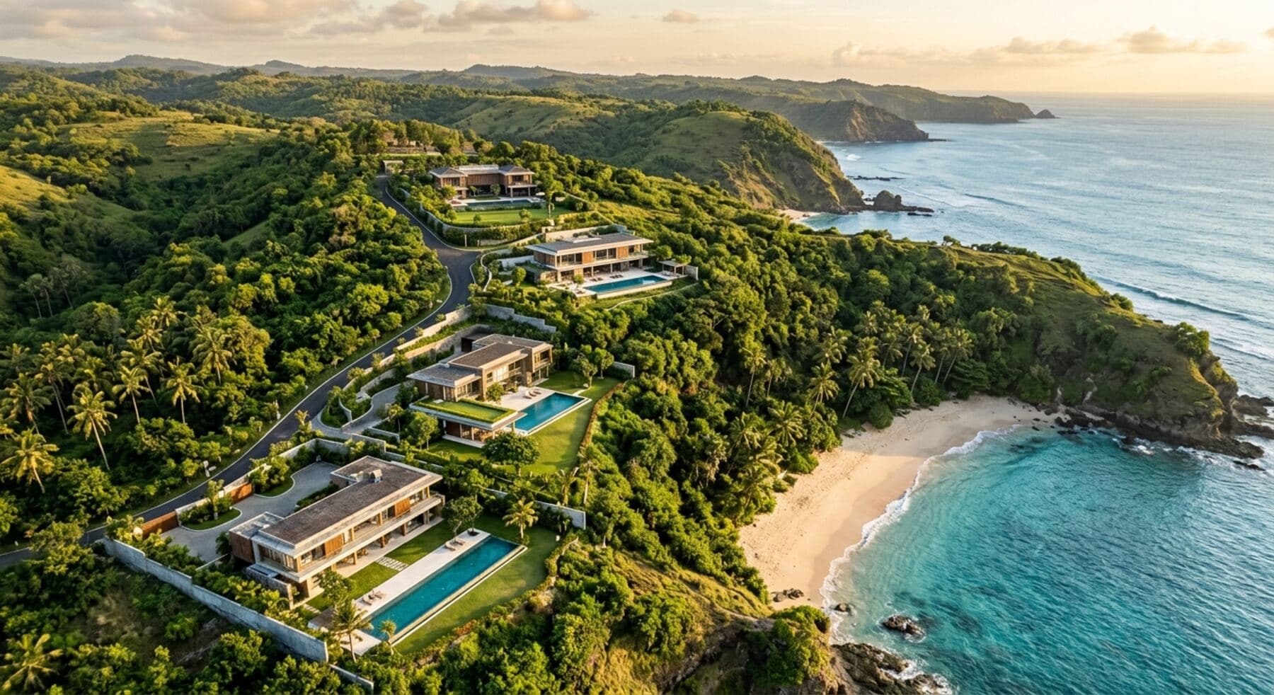 Four houses on their own plots along a Lombok headland