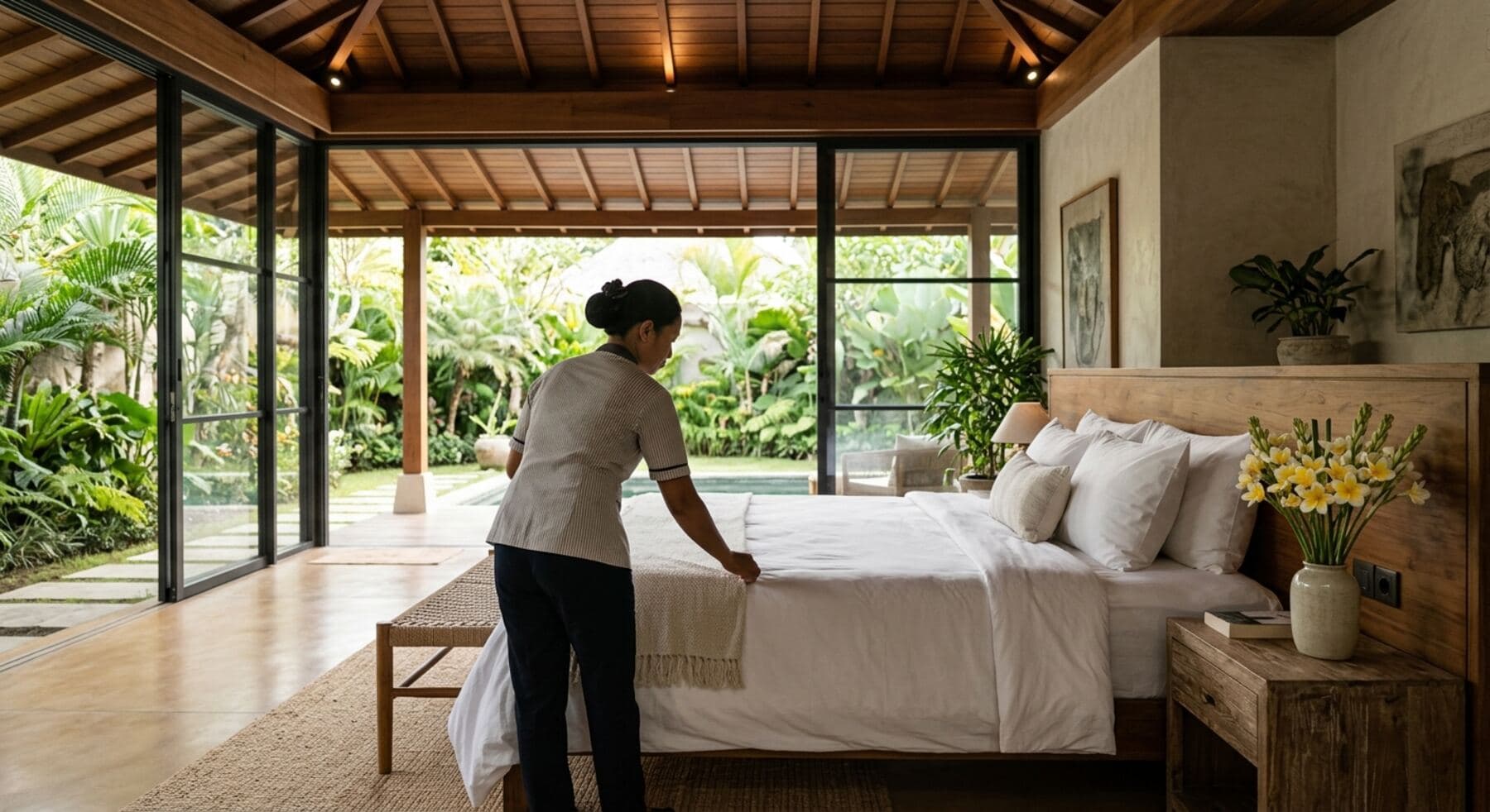 A housekeeper preparing a villa bedroom