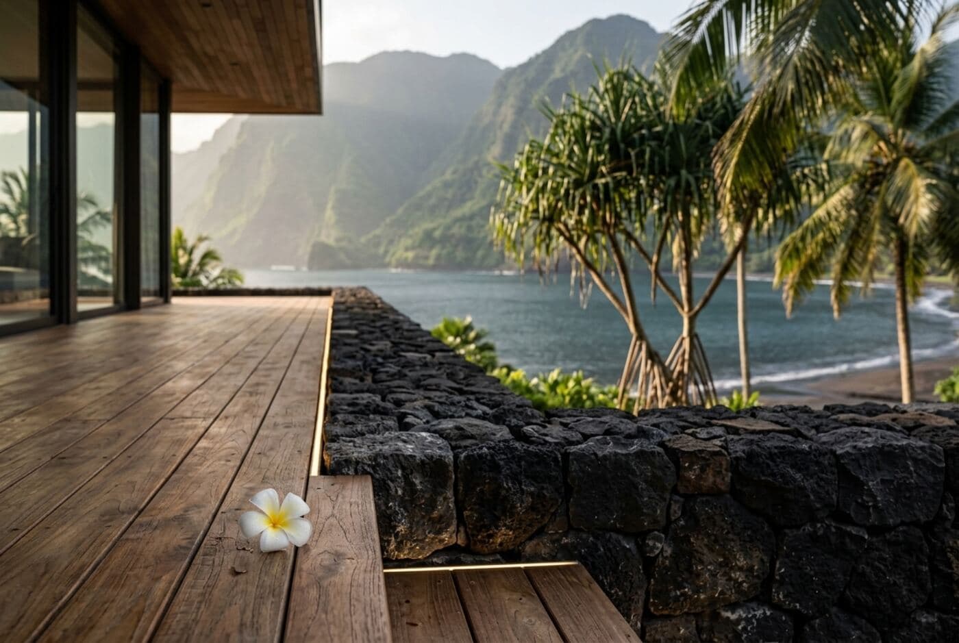 Black volcanic stone wall meeting a teak deck