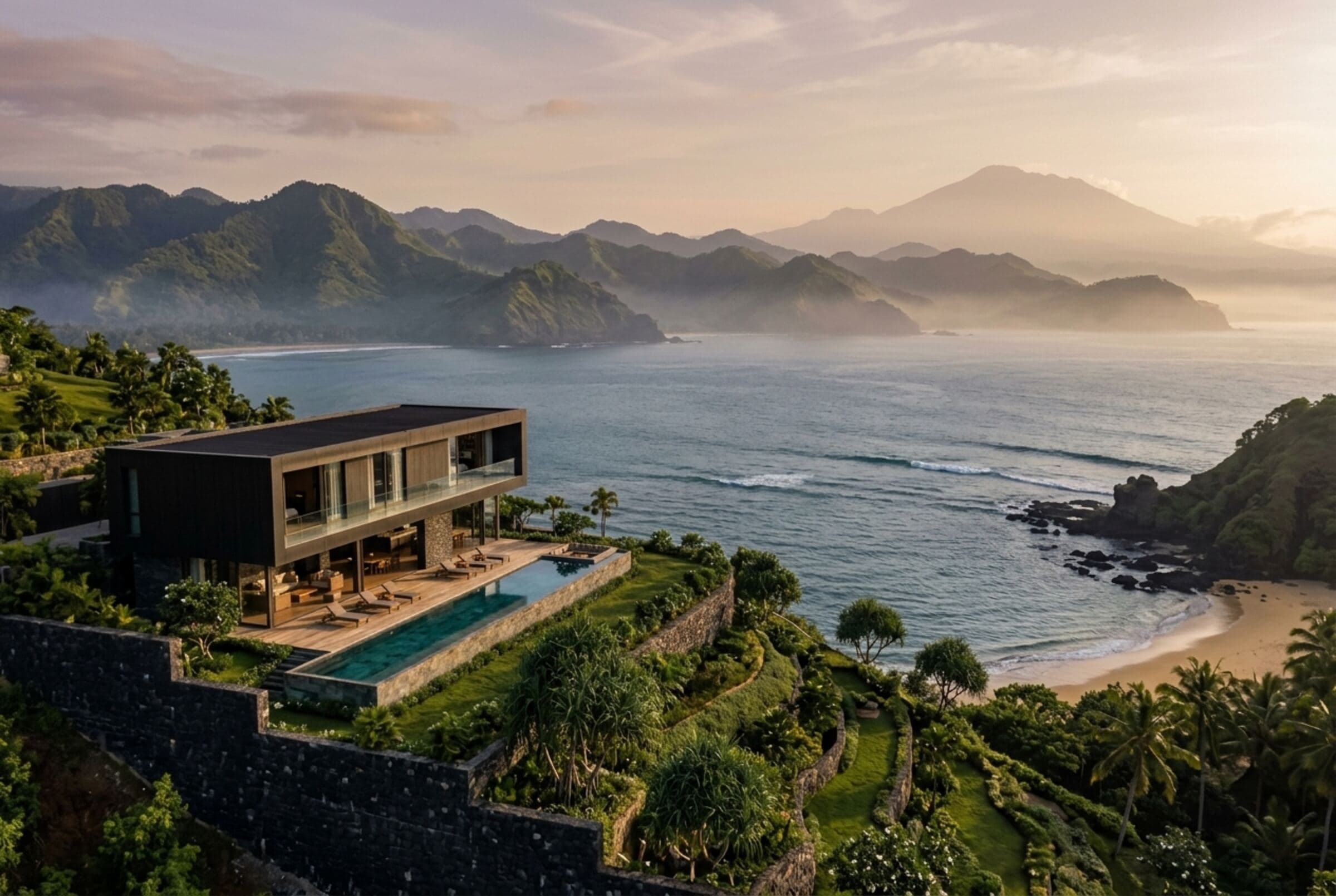 A Sukavida villa on a hillside above a Lombok bay at first light