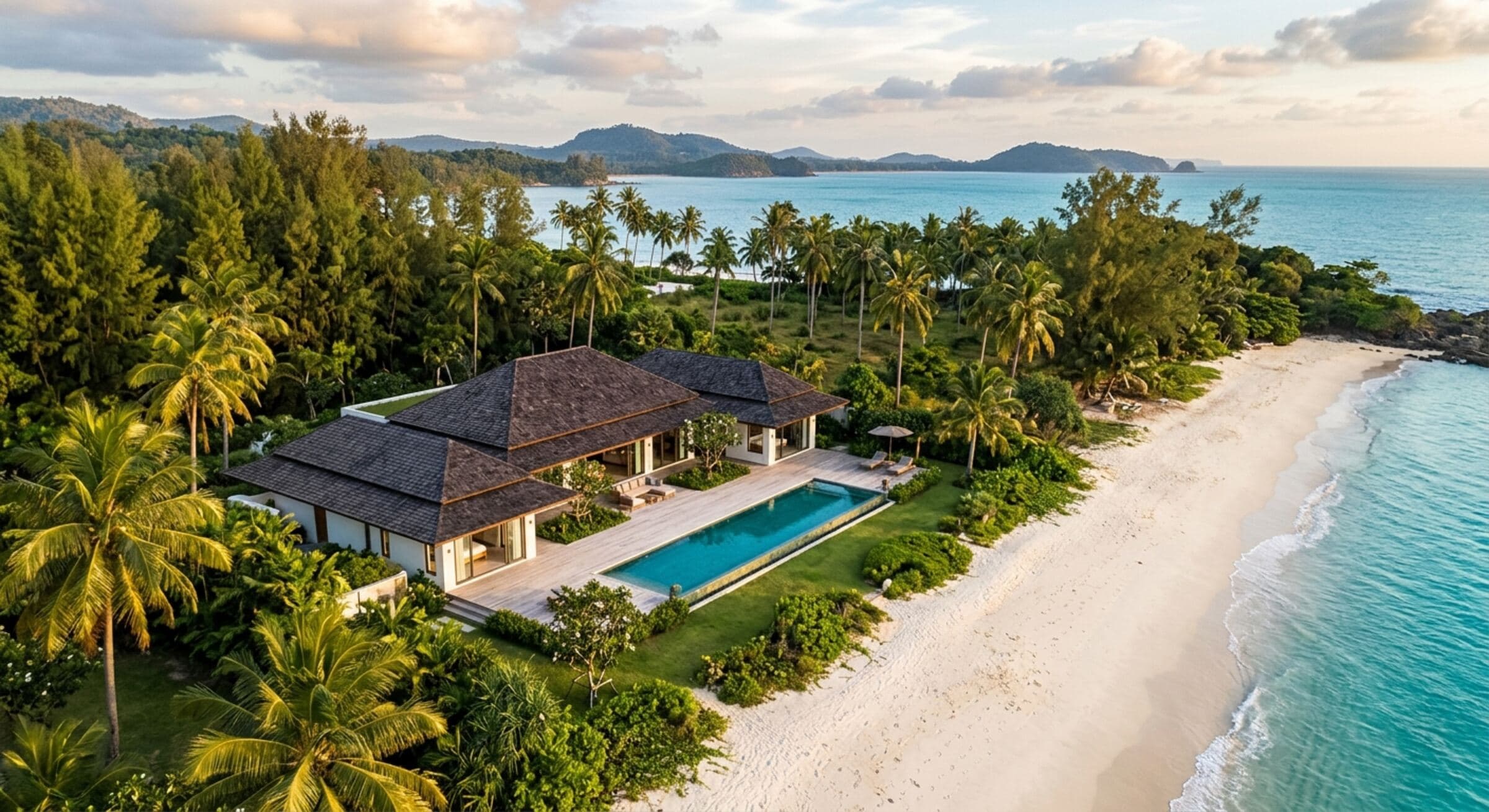 Bay House from above: a wide single-storey pavilion on a white beach
