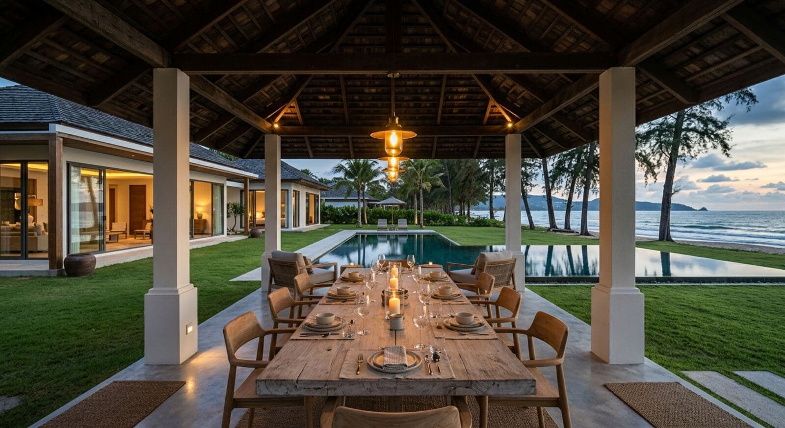 Outdoor dining under the shingle roof at evening