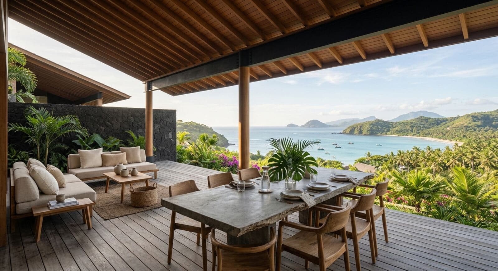 Covered terrace of Ridge House with the bay beyond