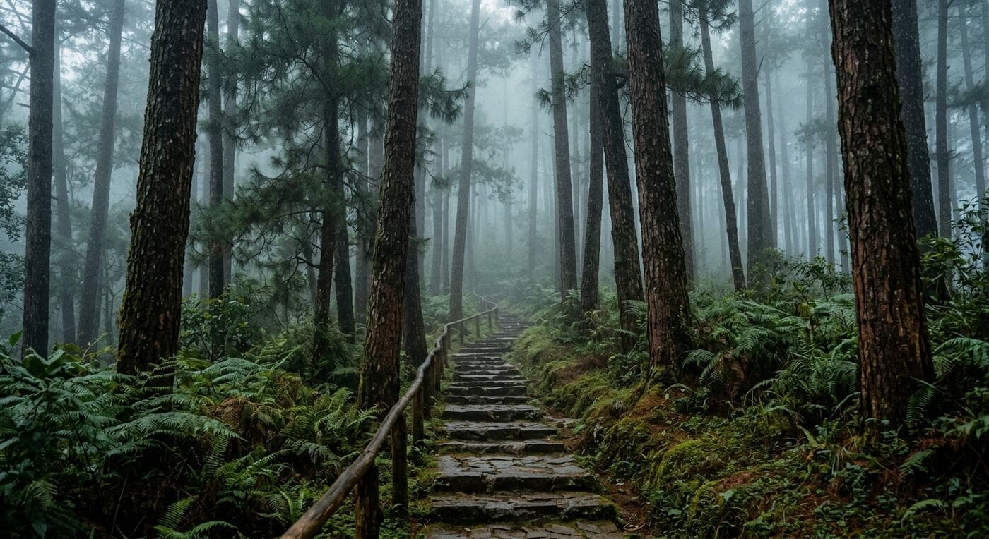 A path through Benguet pines in mist