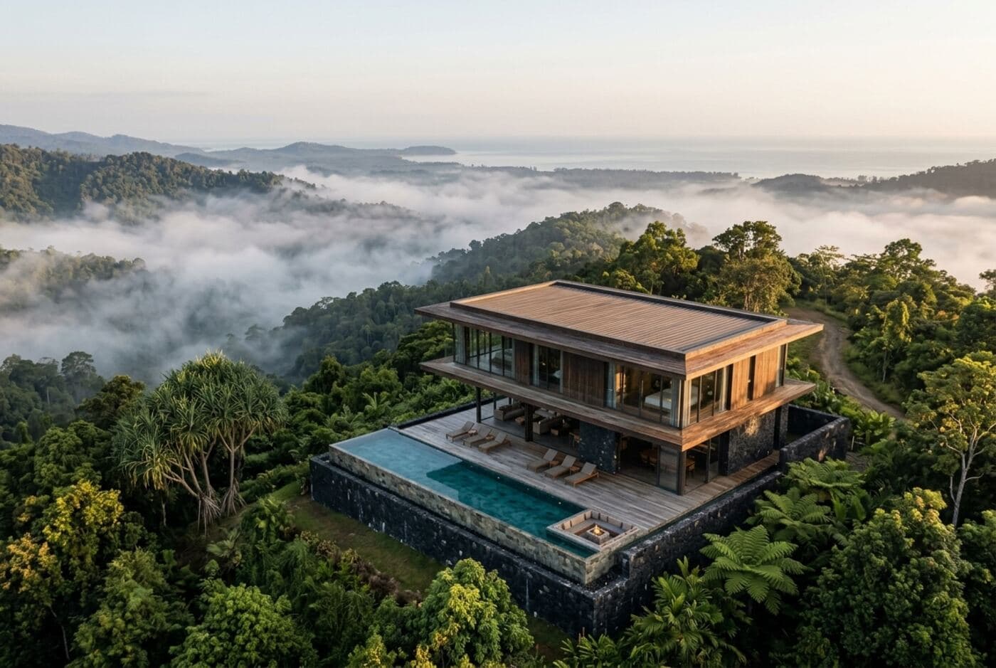 A single villa on a high ridge with a long view to the sea
