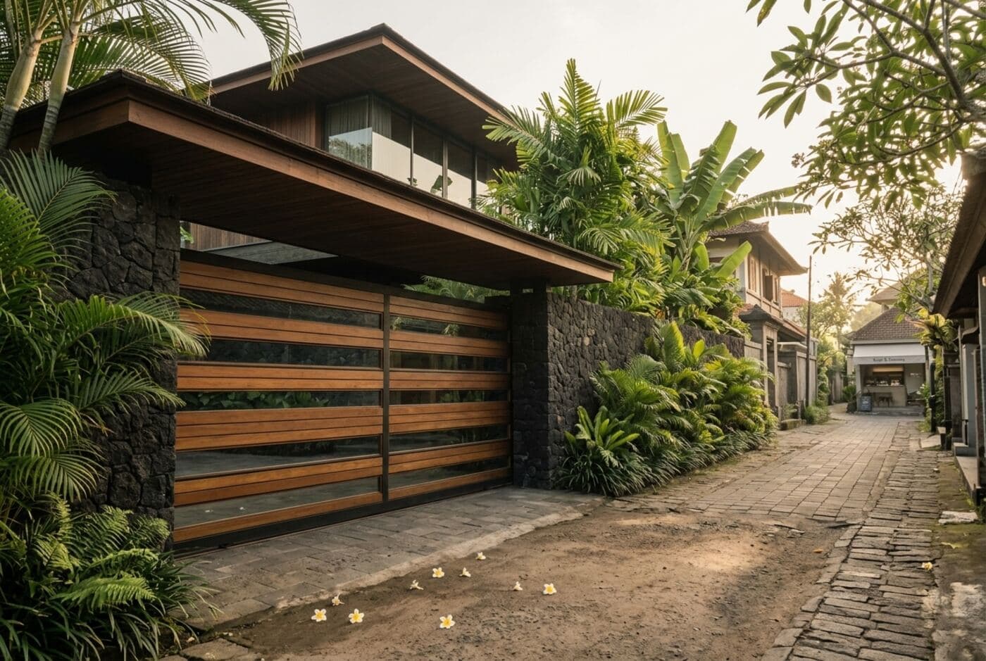 Teak gate and black stone wall on a leafy village lane